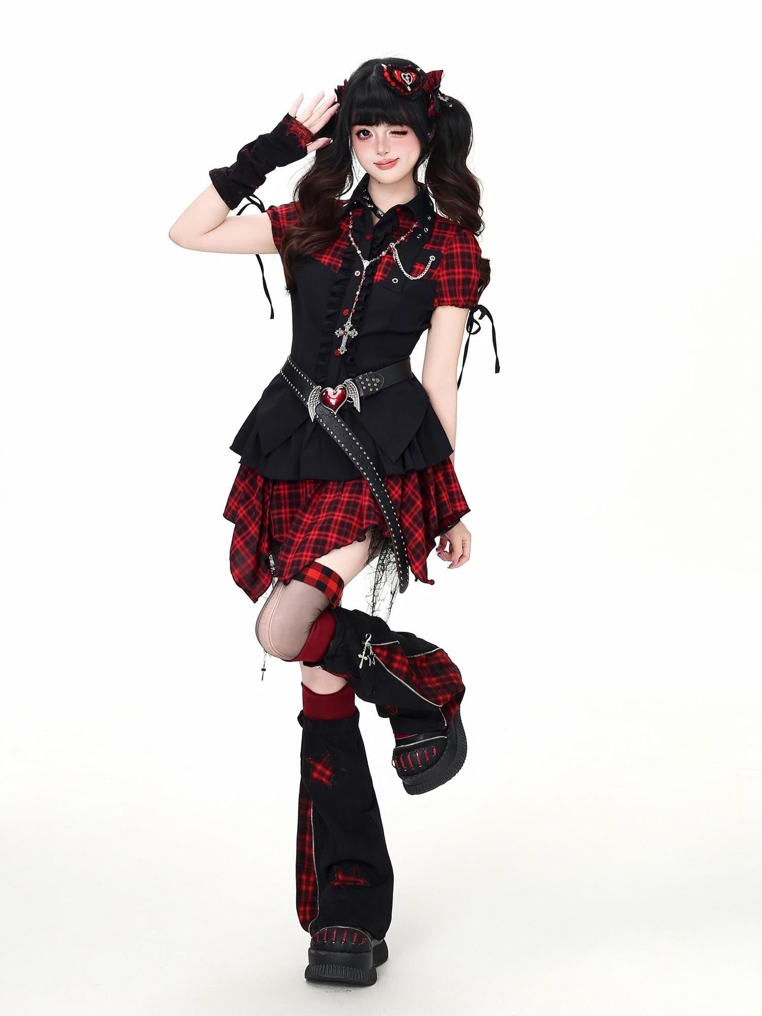 Crazy Girl Plaid Patchwork Cinched Waist Lapel Cropped Women&