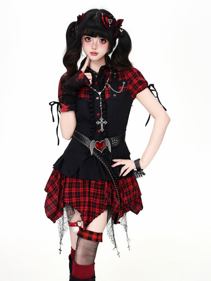 Crazy Girl Plaid Patchwork Cinched Waist Lapel Cropped Women&