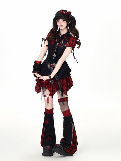 Crazy Girl Plaid Patchwork Cinched Waist Lapel Cropped Women&