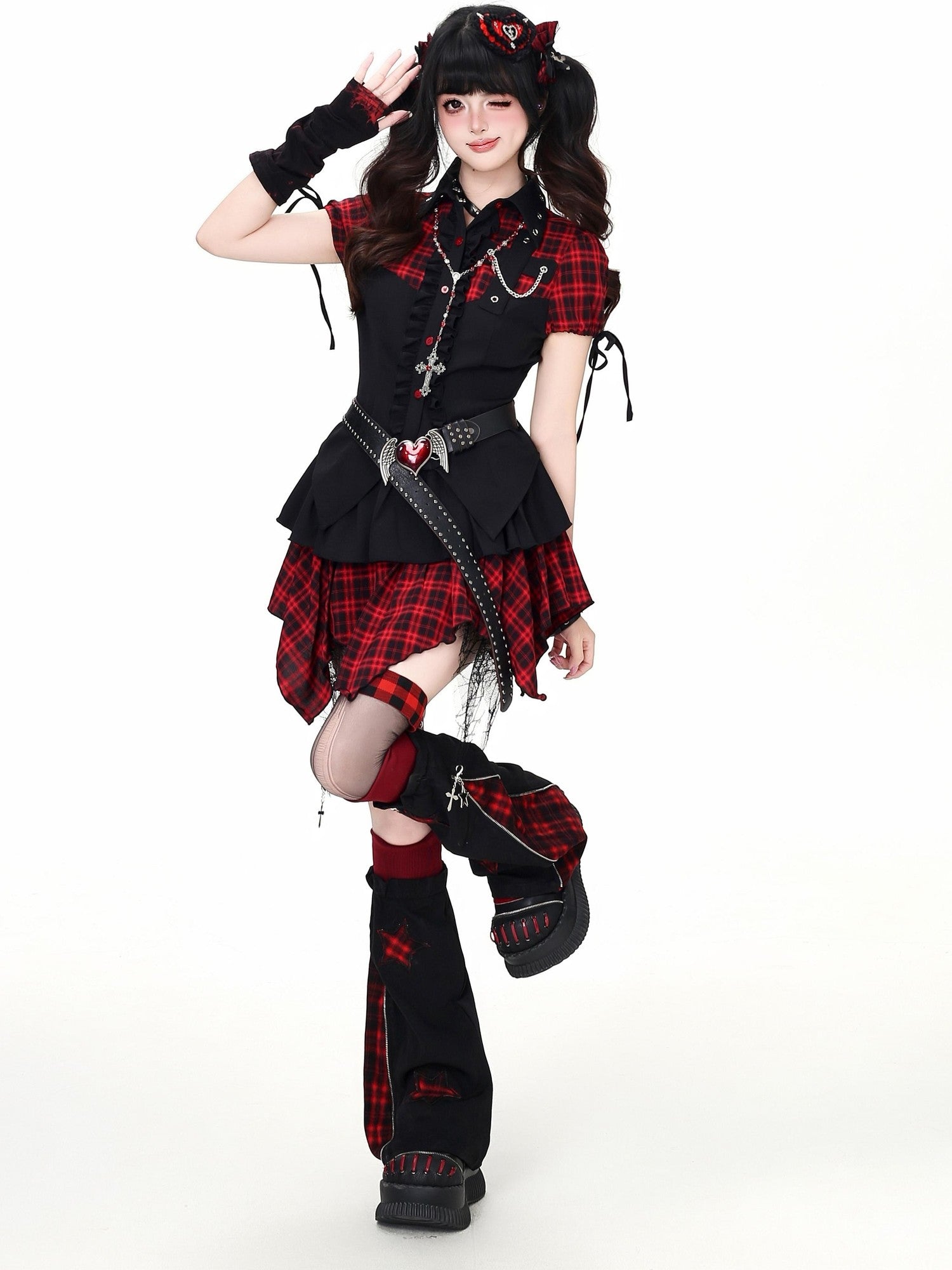 Crazy Girl Plaid Patchwork Cinched Waist Lapel Cropped Women&