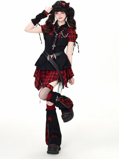 Crazy Girl Plaid Patchwork Cinched Waist Lapel Cropped Women&
