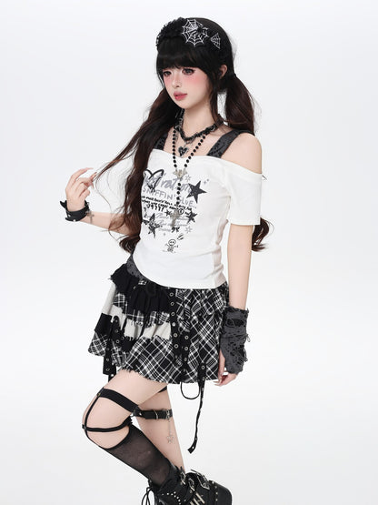 Crazy Girl Plaid Patchwork Lace Up Asymmetrical A Line High Waist Women&