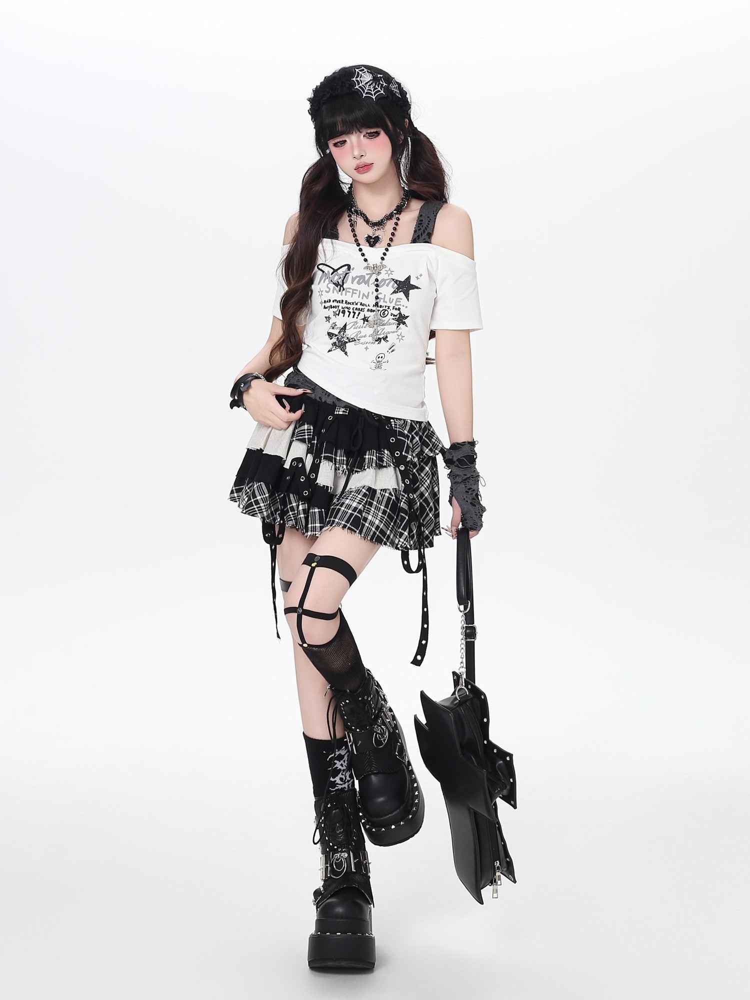 Crazy Girl Plaid Patchwork Lace Up Asymmetrical A Line High Waist Women&