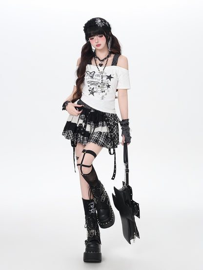Crazy Girl Plaid Patchwork Lace Up Asymmetrical A Line High Waist Women&