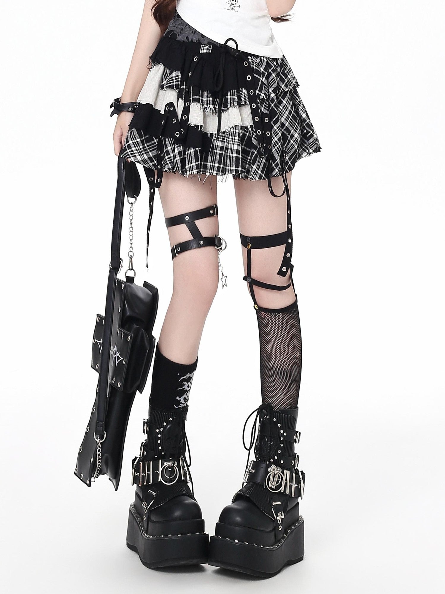 Crazy Girl Plaid Patchwork Lace Up Asymmetrical A Line High Waist Women&