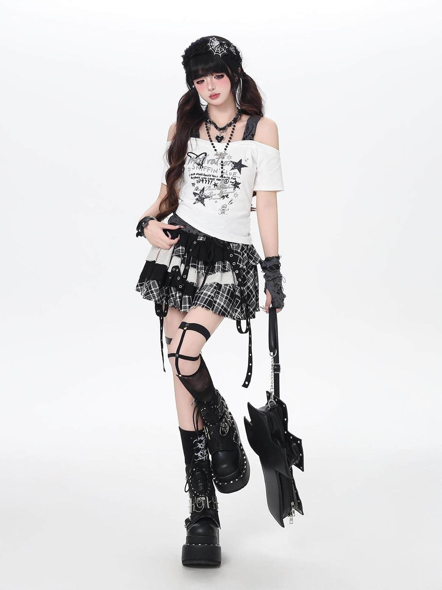 Crazy Girl Plaid Patchwork Lace Up Asymmetrical A Line High Waist Women&