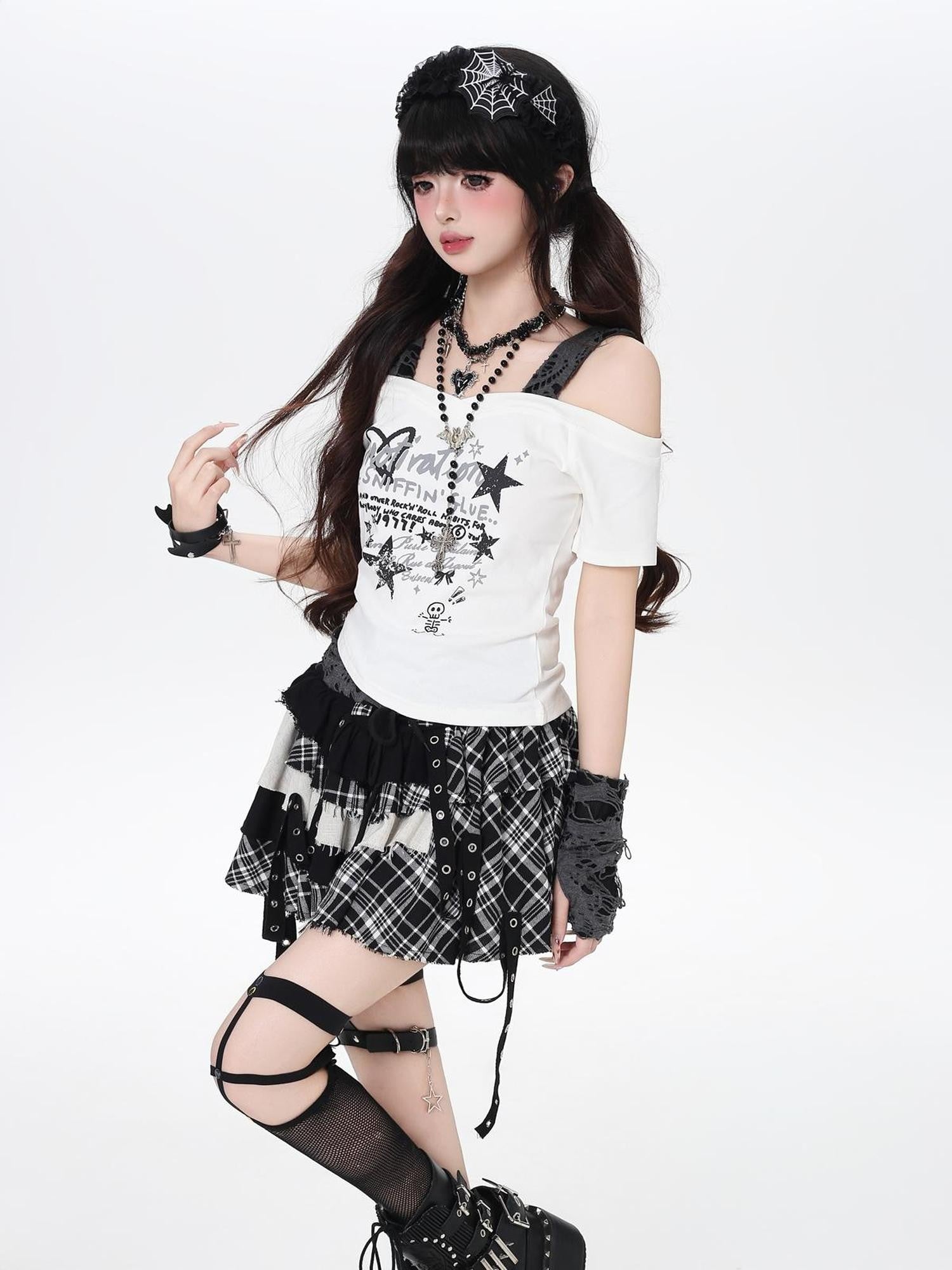 Crazy Girl Plaid Patchwork Lace Up Asymmetrical A Line High Waist Women&
