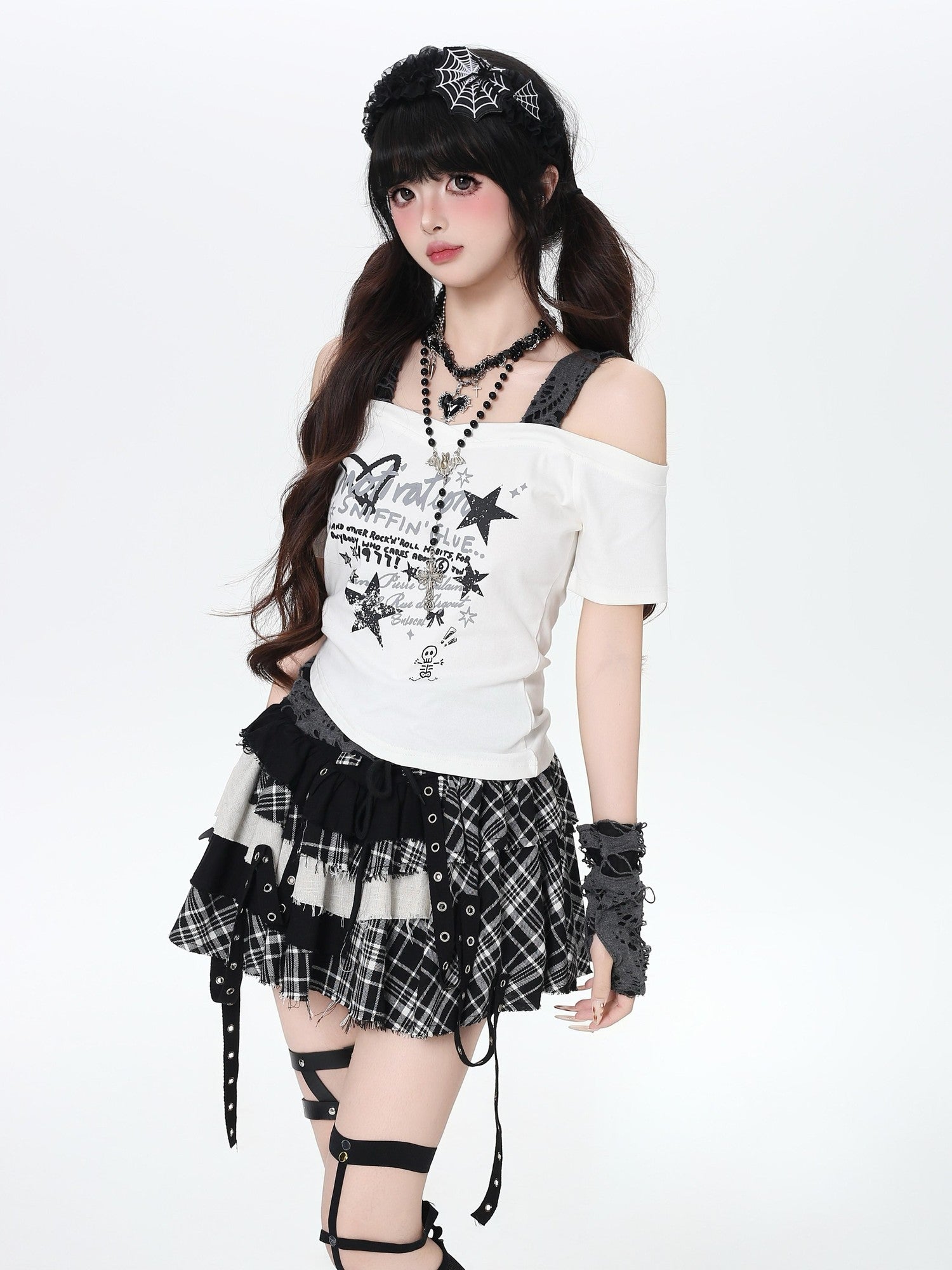 Crazy Girl Plaid Patchwork Lace Up Asymmetrical A Line High Waist Women&
