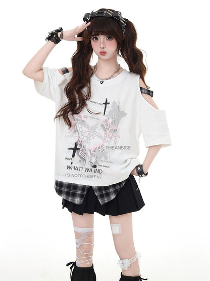 Crazy_Girl_Plaid_Patchwork_Letter_Butterfly_Round_Neck_Women&