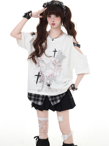 Crazy Girl Plaid Patchwork Letter Butterfly Round Neck Women&
