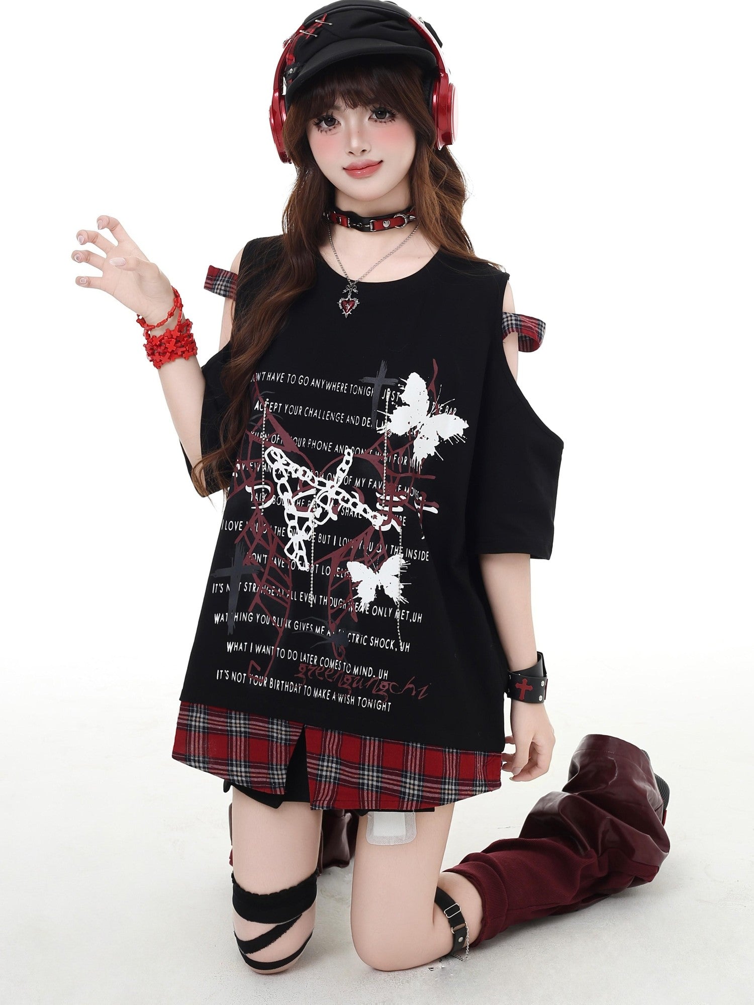 Crazy Girl Plaid Patchwork Letter Butterfly Round Neck Women&