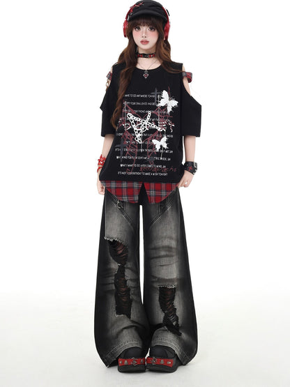 Crazy Girl Plaid Patchwork Letter Butterfly Round Neck Women&