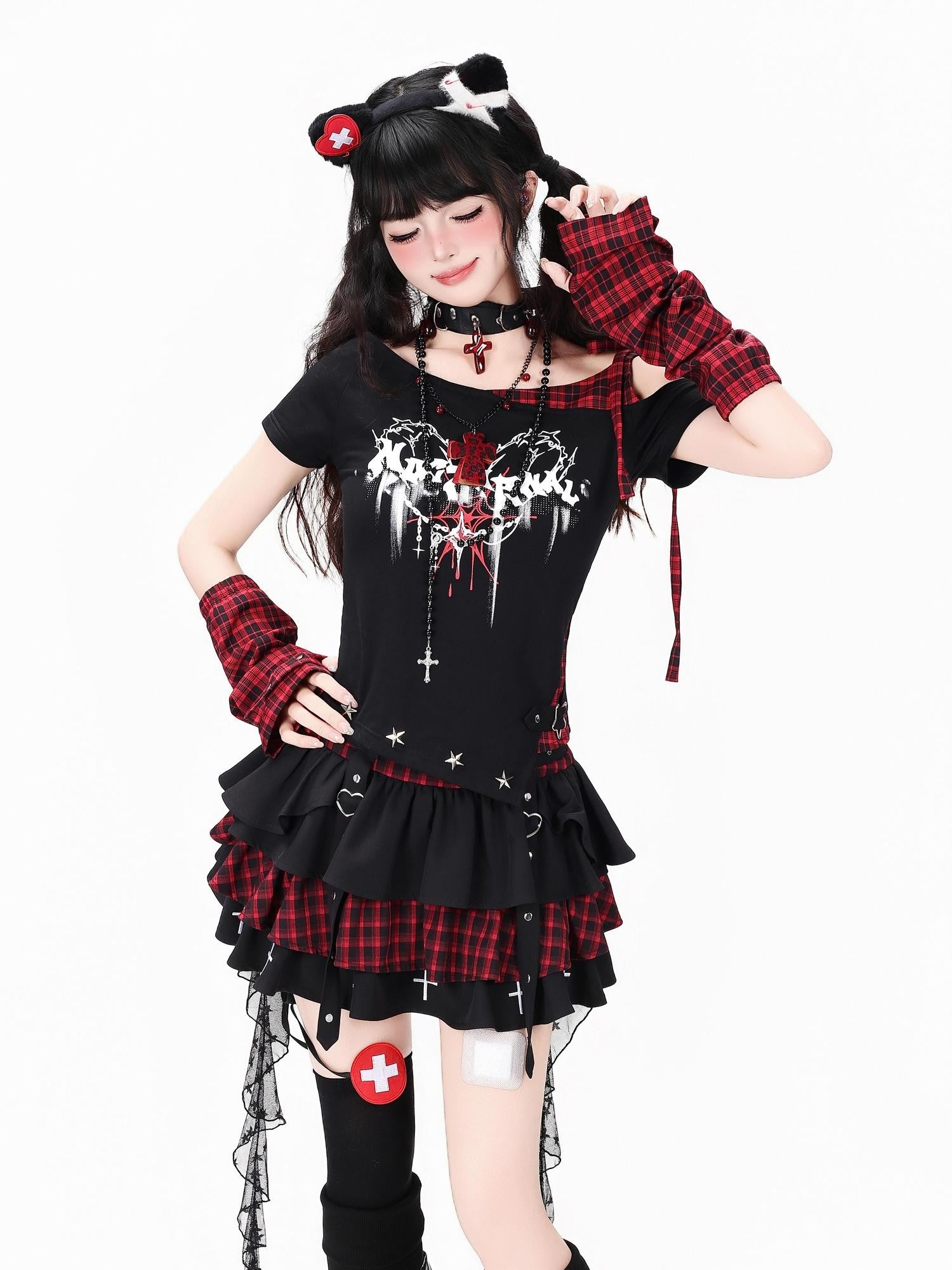 Crazy Girl Plaid Tie Patchwork Asymmetrical Letter Slim Women&