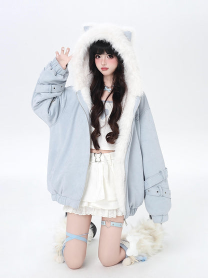 Crazy Girl Plush Cat Ear Hooded Loose Women&