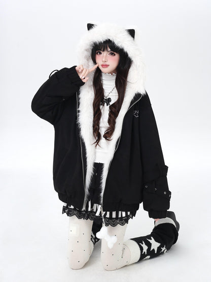 Crazy Girl Plush Cat Ear Hooded Loose Women&