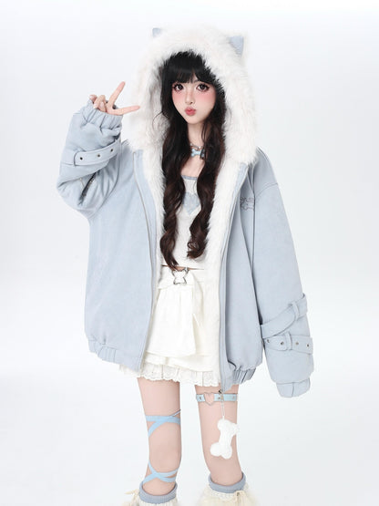 Crazy Girl Plush Cat Ear Hooded Loose Women&