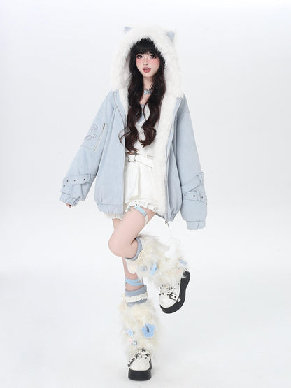 Crazy Girl Plush Cat Ear Hooded Loose Women&