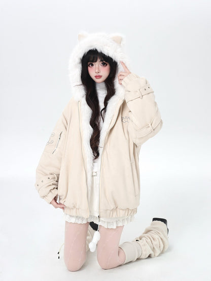 Crazy Girl Plush Cat Ear Hooded Loose Women&