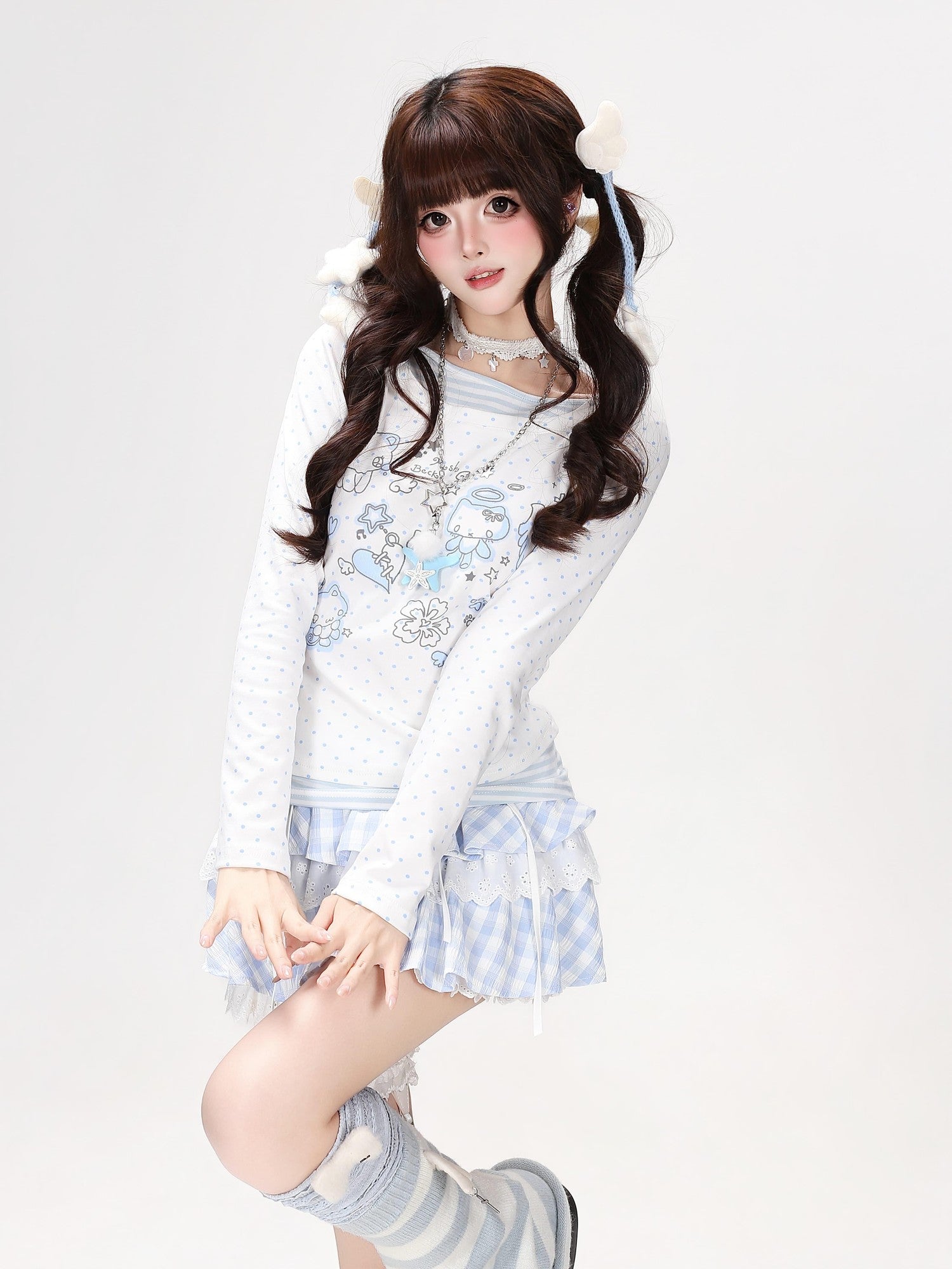 Crazy Girl Polka Dot Cat Print Faux Layered Waist Cinched Women&