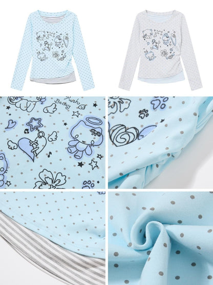 Crazy Girl Polka Dot Cat Print Faux Layered Waist Cinched Women&