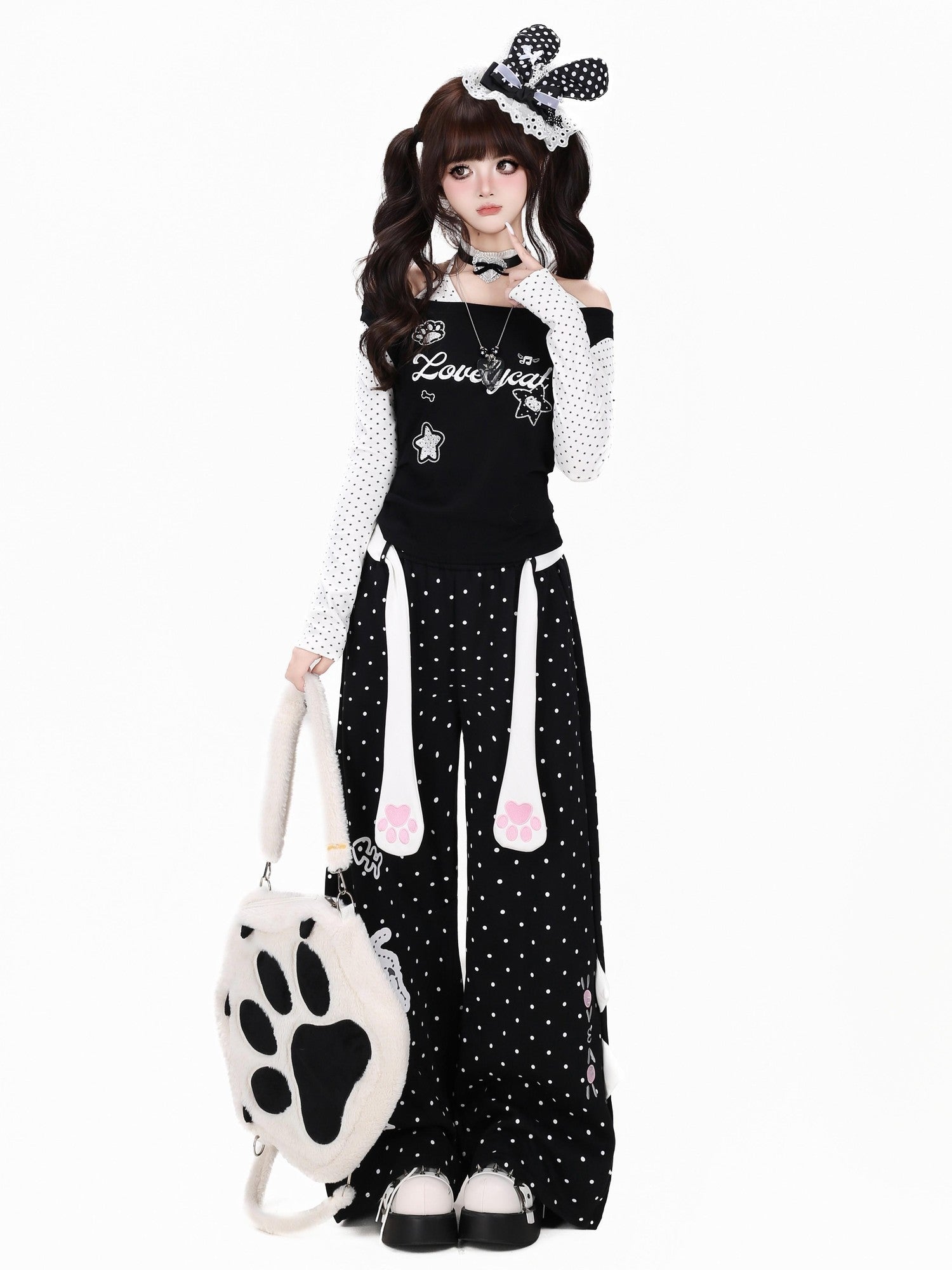 Crazy Girl Polka Dot Cat Print High Waist Relaxed Athletic Women&