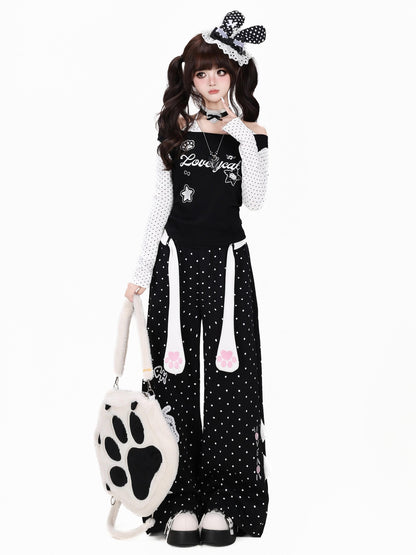 Crazy Girl Polka Dot Cat Print High Waist Relaxed Athletic Women&
