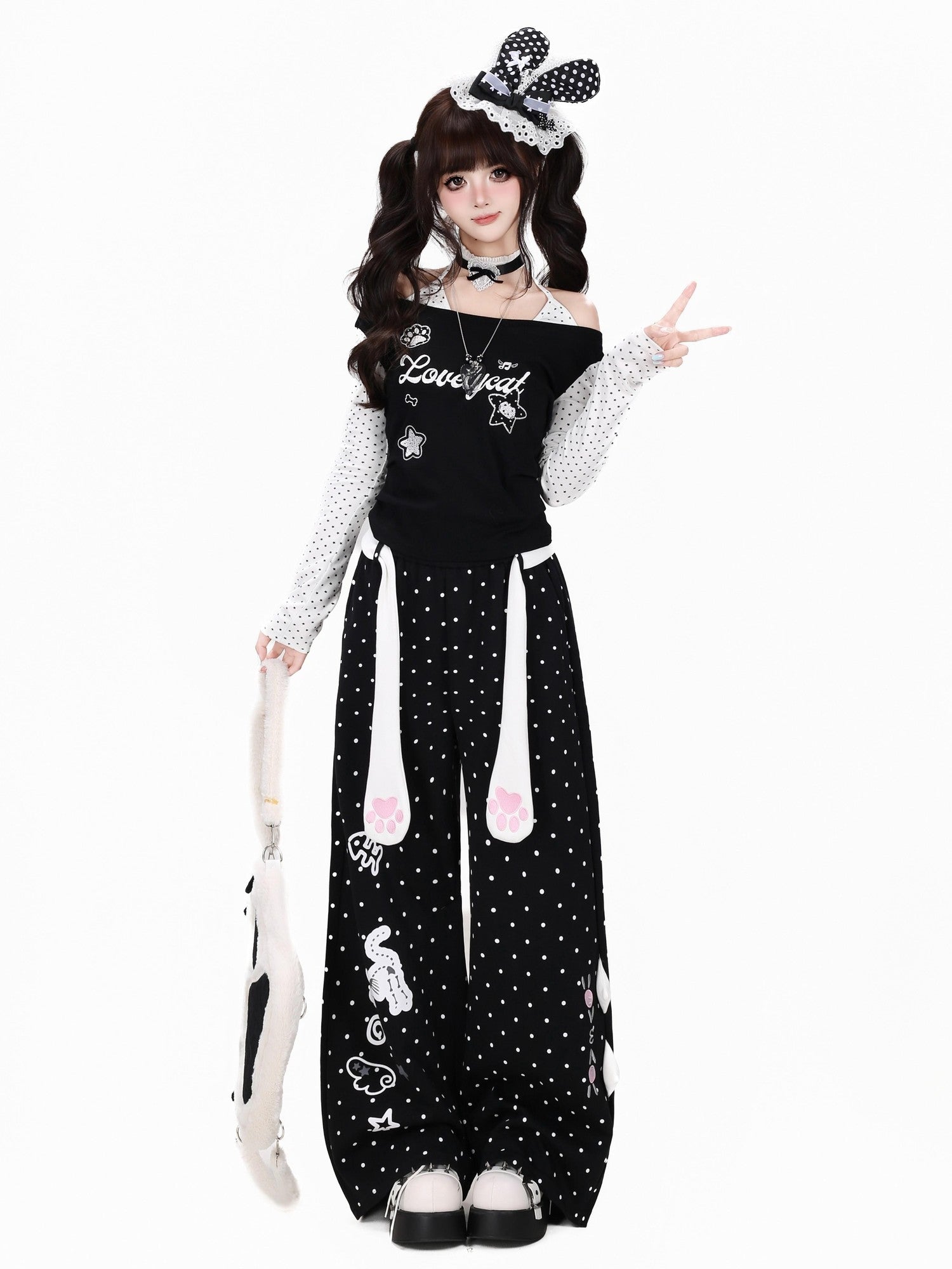 Crazy Girl Polka Dot Cat Print High Waist Relaxed Athletic Women&