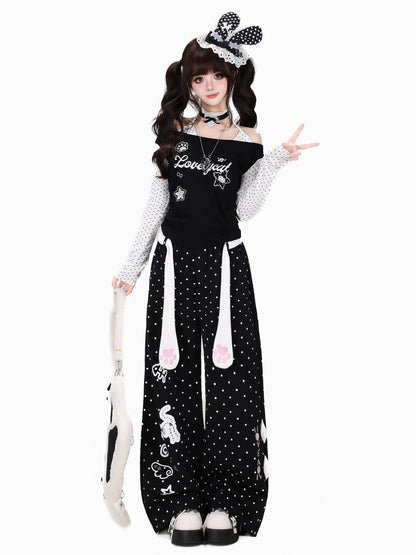 Crazy Girl Polka Dot Cat Print High Waist Relaxed Athletic Women&