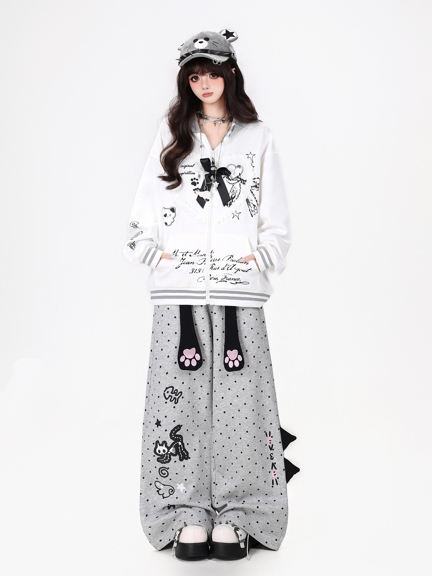 Crazy Girl Polka Dot Cat Print High Waist Relaxed Athletic Women&