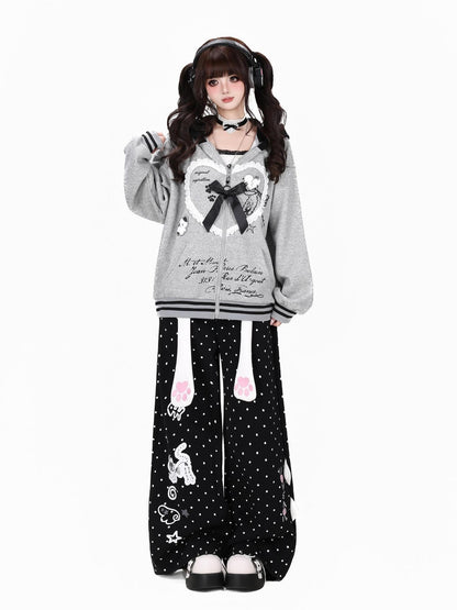 Crazy Girl Polka Dot Cat Print High Waist Relaxed Athletic Women&