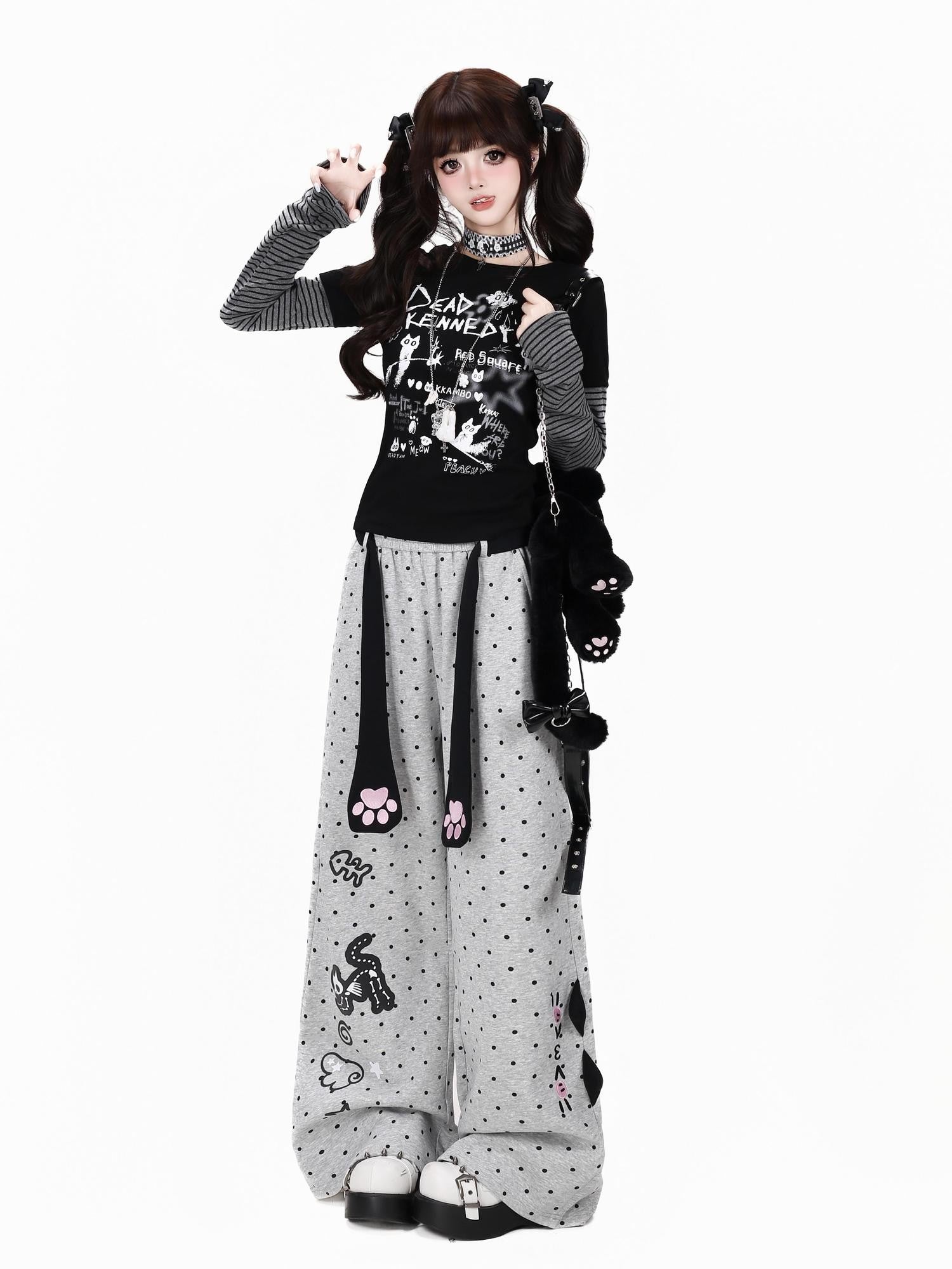 Crazy Girl Polka Dot Cat Print High Waist Relaxed Athletic Women&
