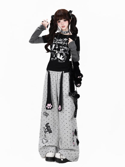 Crazy Girl Polka Dot Cat Print High Waist Relaxed Athletic Women&