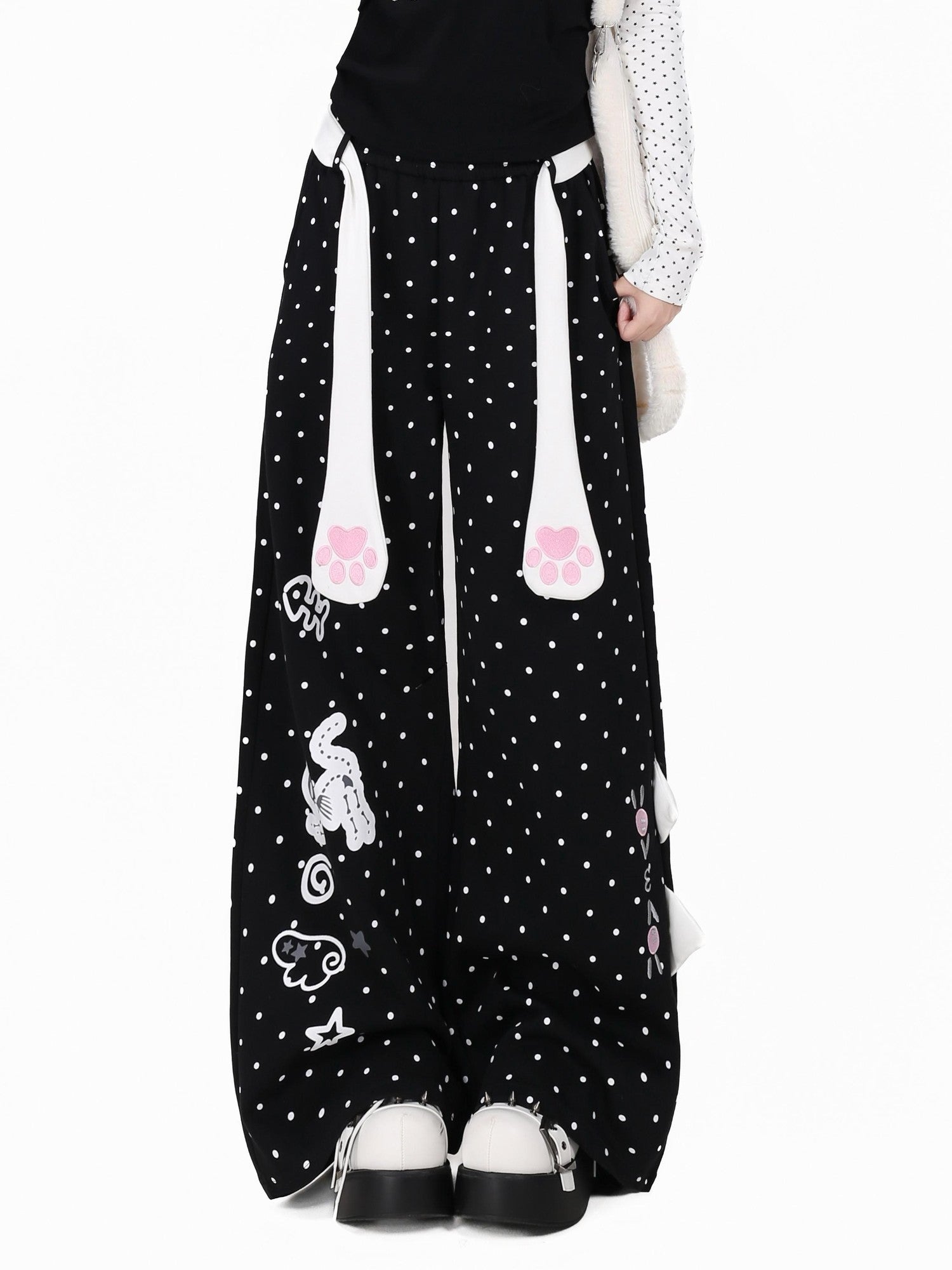 Crazy Girl Polka Dot Cat Print High Waist Relaxed Athletic Women&