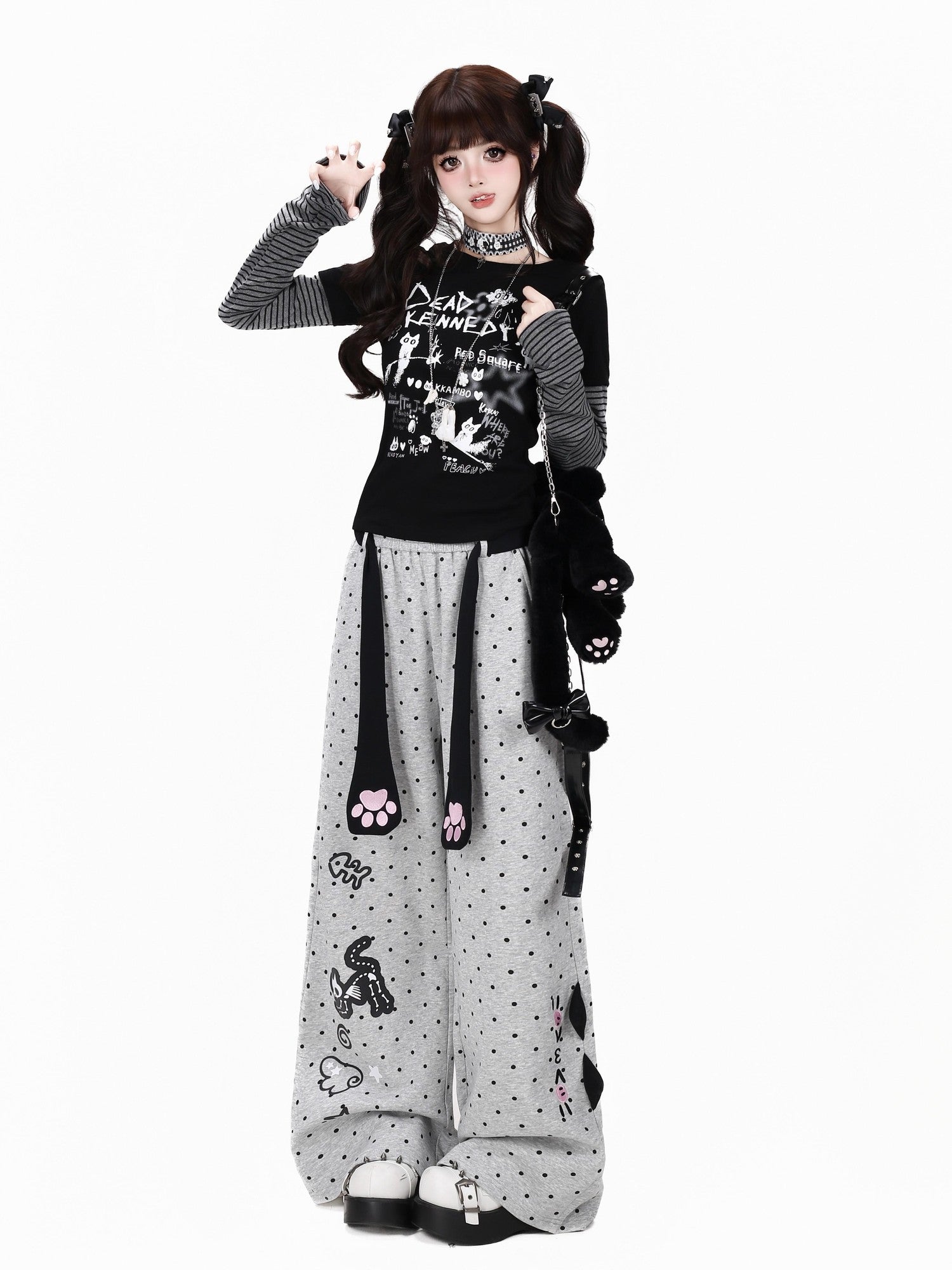Crazy Girl Polka Dot Cat Print High Waist Relaxed Athletic Women&