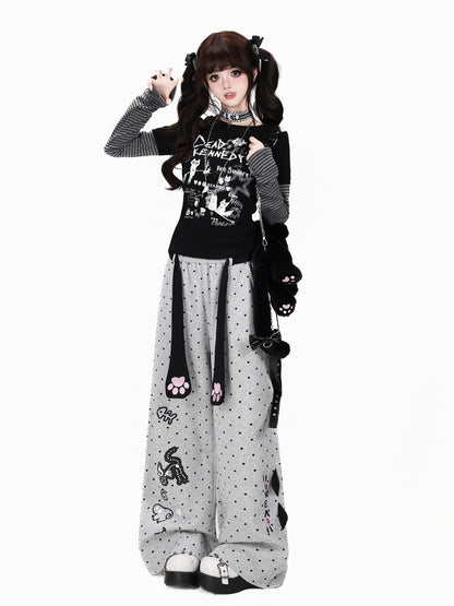 Crazy Girl Polka Dot Cat Print High Waist Relaxed Athletic Women&