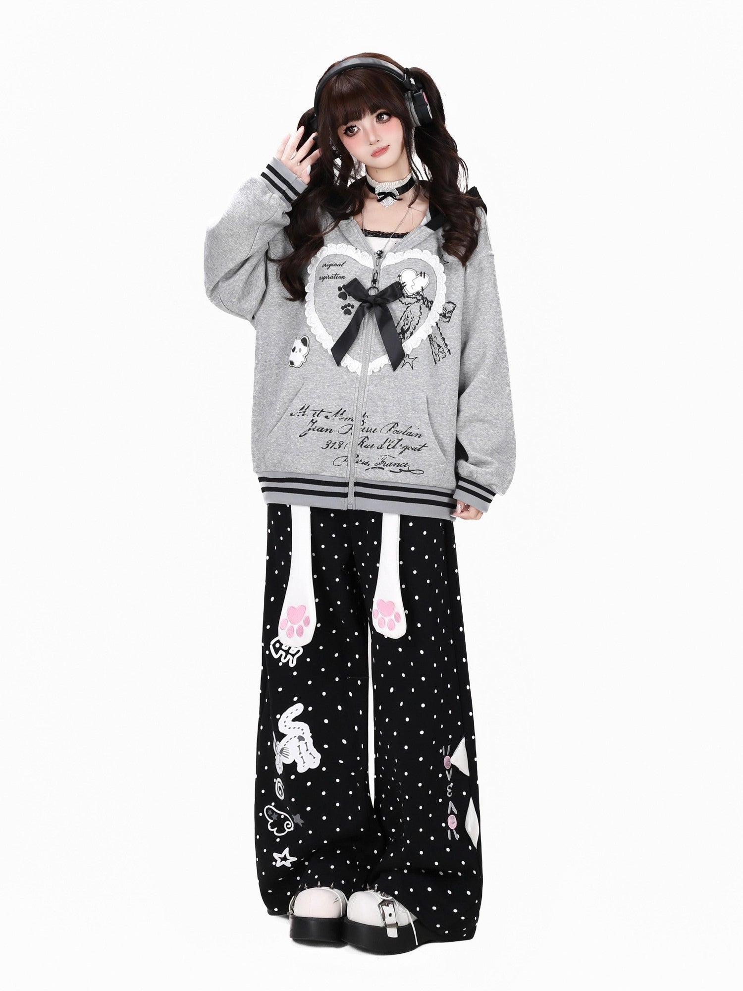 Crazy Girl Polka Dot Cat Print High Waist Relaxed Athletic Women&