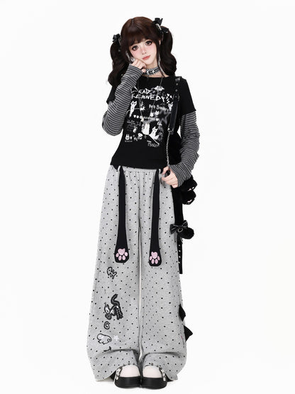 Crazy Girl Polka Dot Cat Print High Waist Relaxed Athletic Women&