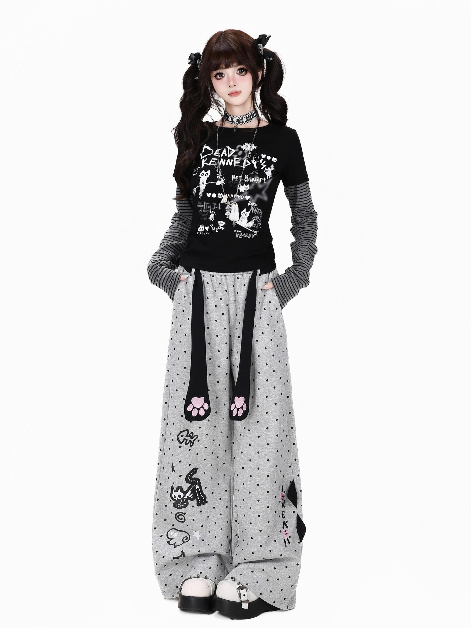 Crazy Girl Polka Dot Cat Print High Waist Relaxed Athletic Women&