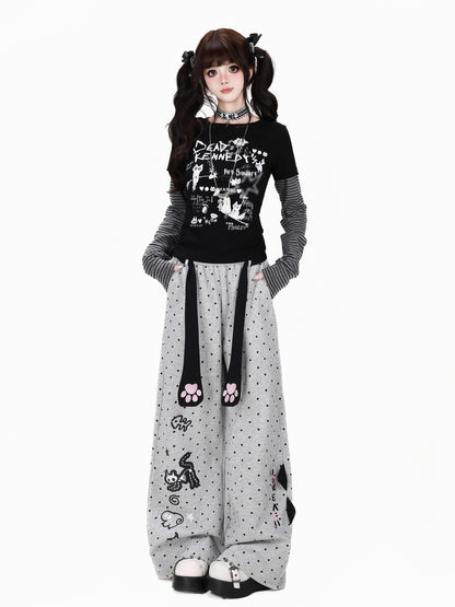 Crazy Girl Polka Dot Cat Print High Waist Relaxed Athletic Women&