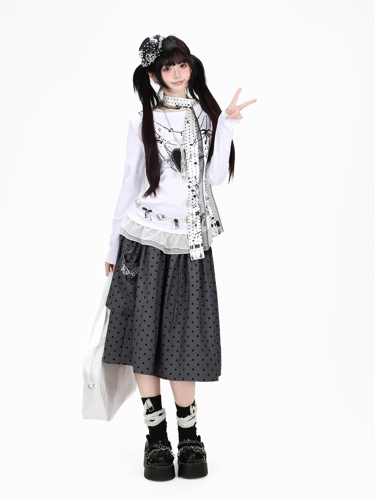 Crazy Girl Polka Dot Grey White Lace Patchwork Embroidered High Waist Women&