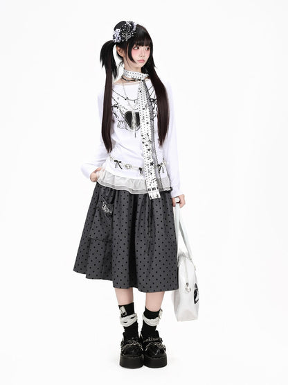 Crazy Girl Polka Dot Grey White Lace Patchwork Embroidered High Waist Women&