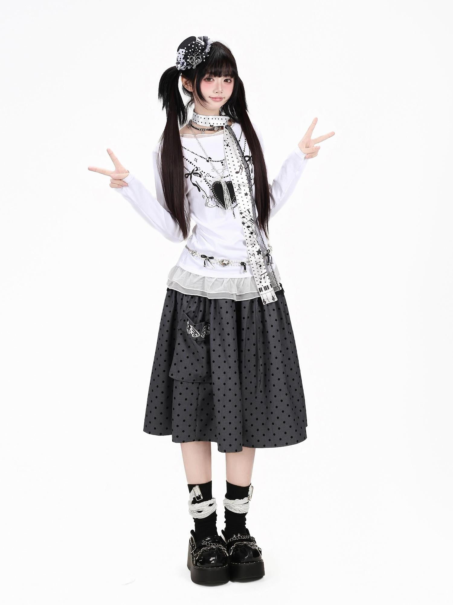 Crazy Girl Polka Dot Grey White Lace Patchwork Embroidered High Waist Women&