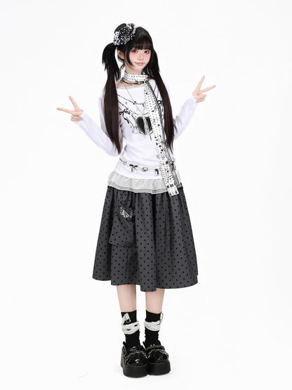 Crazy Girl Polka Dot Grey White Lace Patchwork Embroidered High Waist Women&