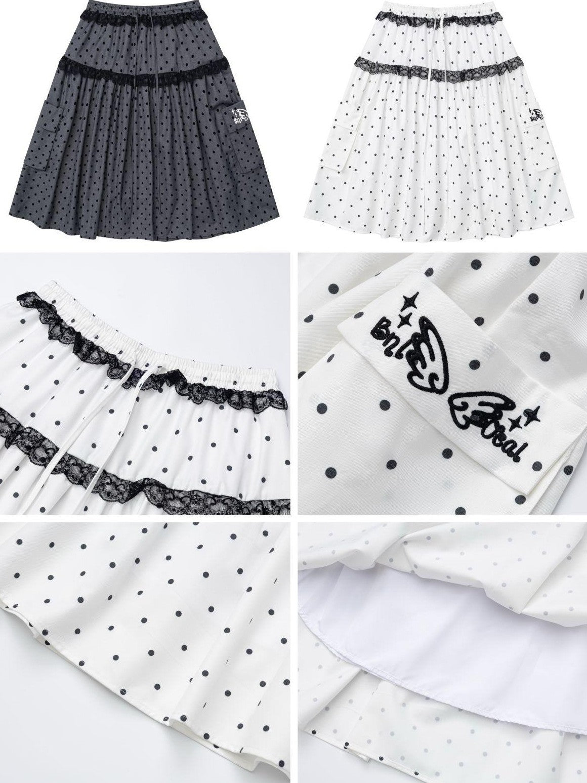 Crazy Girl Polka Dot Grey White Lace Patchwork Embroidered High Waist Women&