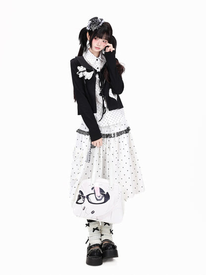 Crazy Girl Polka Dot Grey White Lace Patchwork Embroidered High Waist Women&