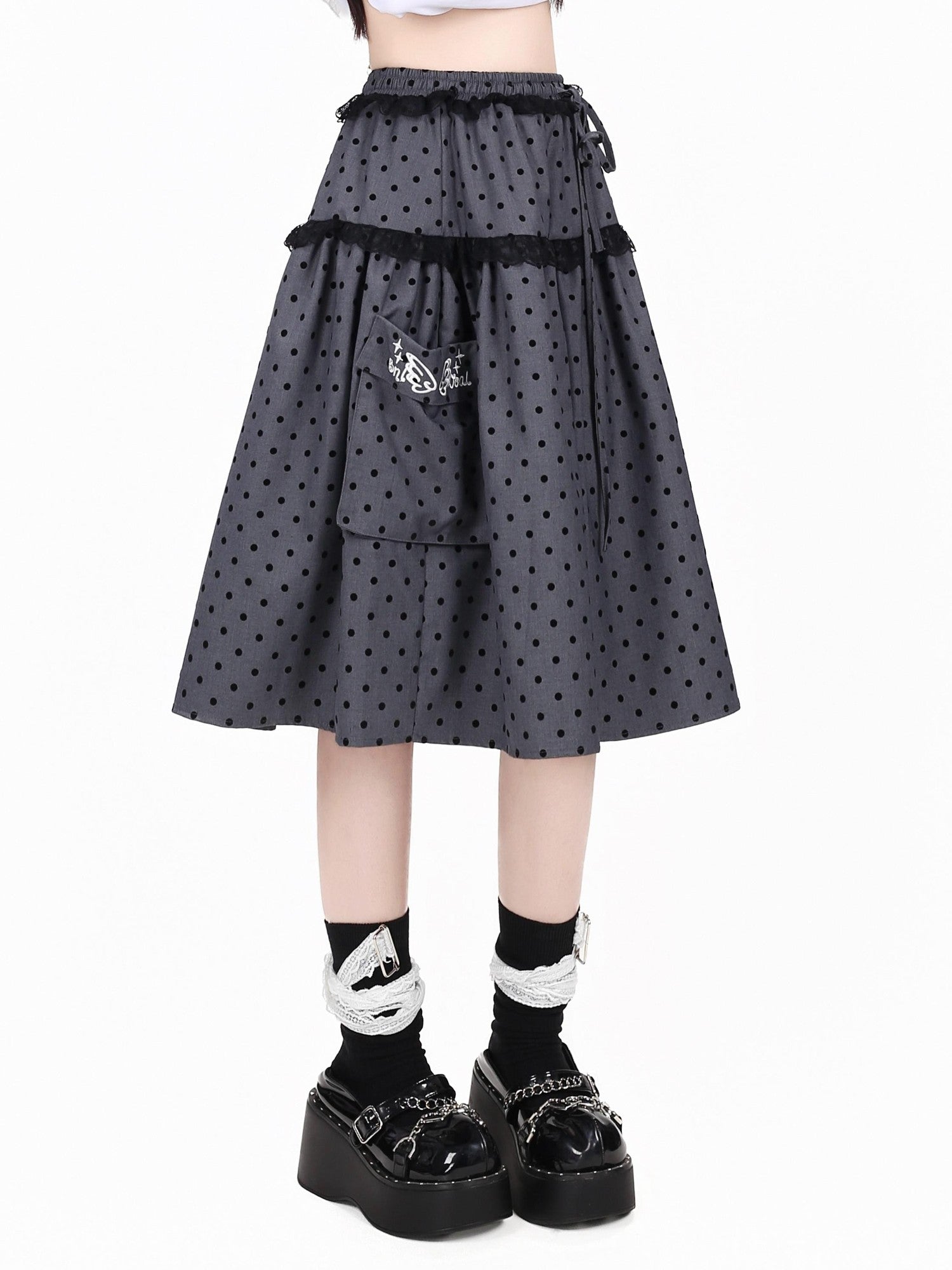 Crazy Girl Polka Dot Grey White Lace Patchwork Embroidered High Waist Women&