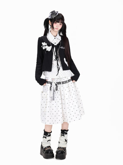 Crazy Girl Polka Dot Grey White Lace Patchwork Embroidered High Waist Women&