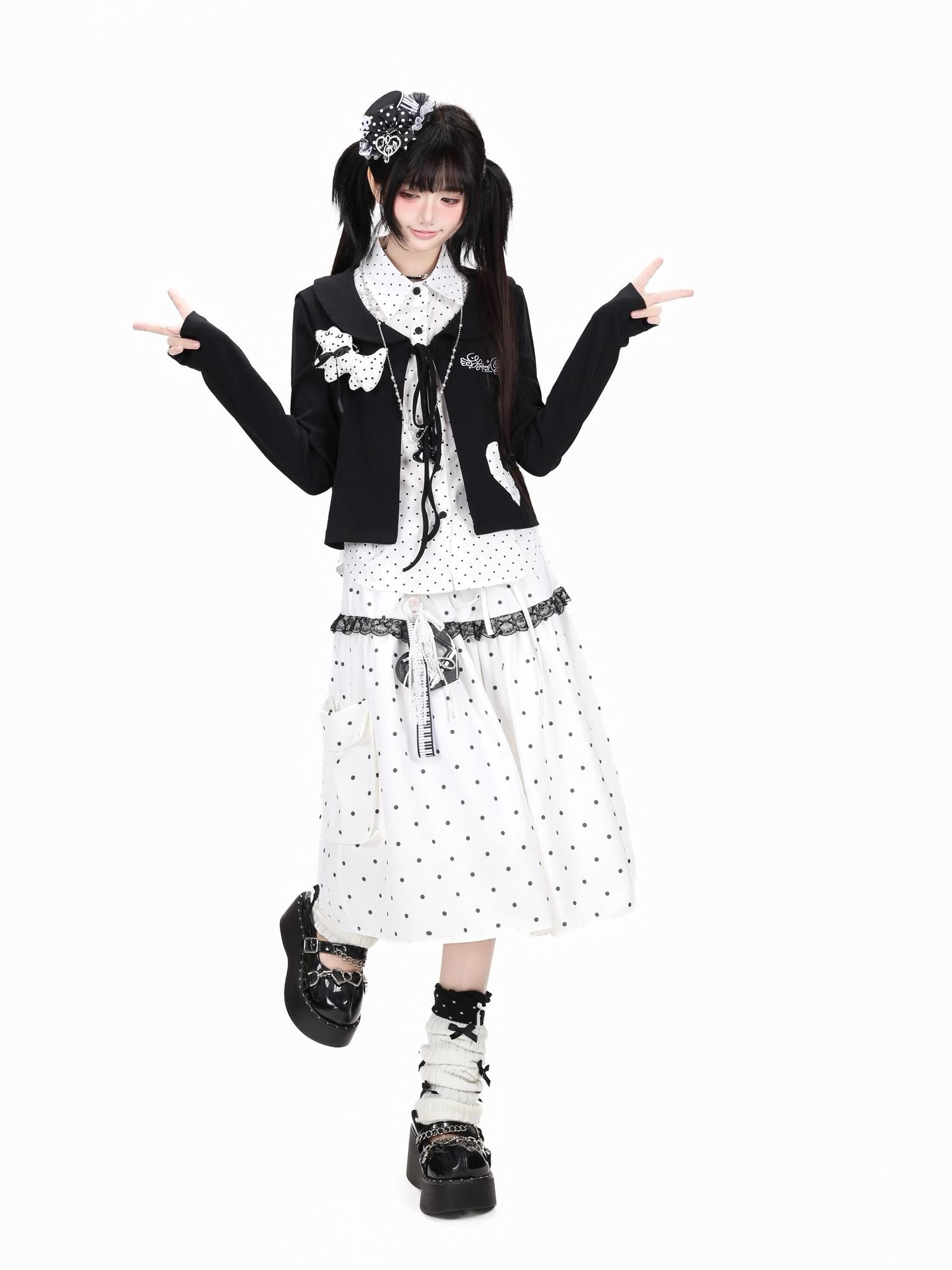 Crazy Girl Polka Dot Heart Faux Two Piece Collared Slim Women&