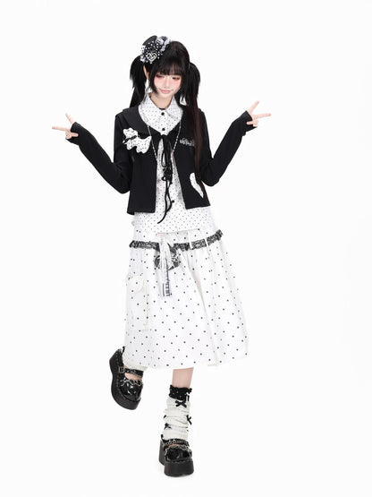 Crazy Girl Polka Dot Heart Faux Two Piece Collared Slim Women&