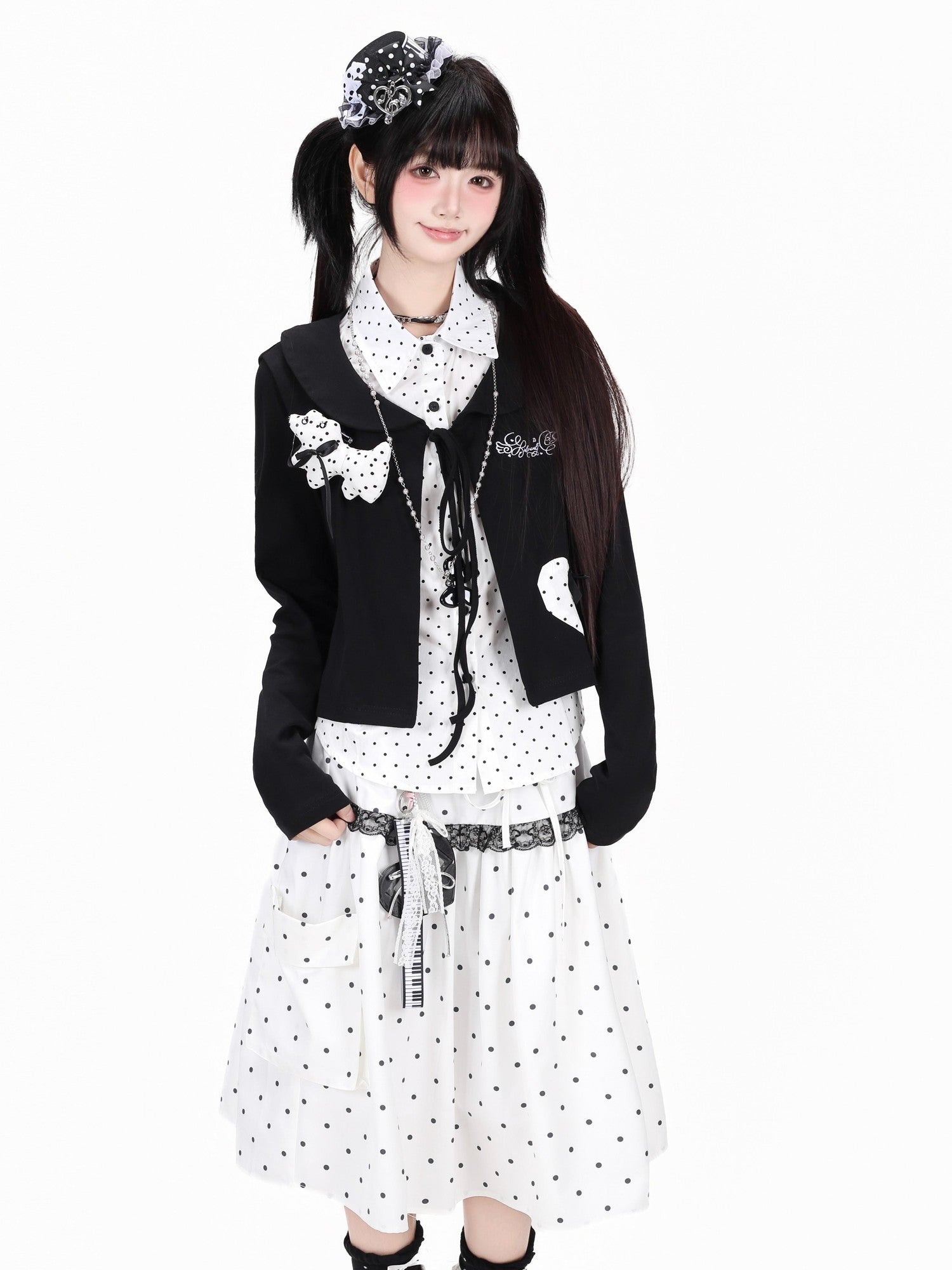 Crazy Girl Polka Dot Heart Faux Two Piece Collared Slim Women&